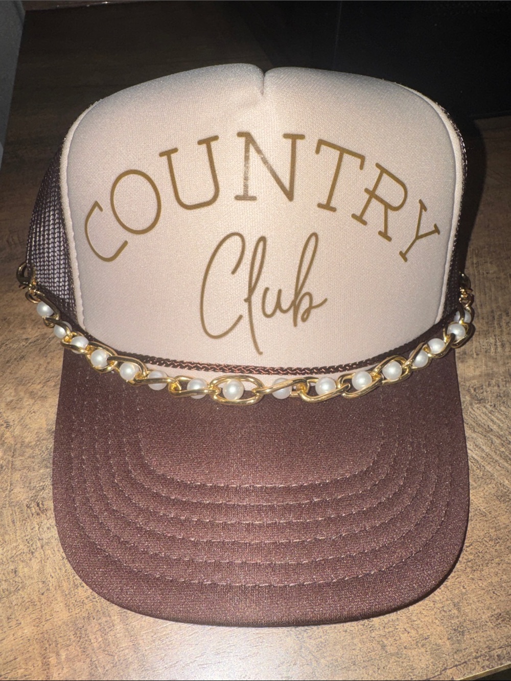 OTTO Country Club Pearl Chain Trucker Hat - Cream & Brown